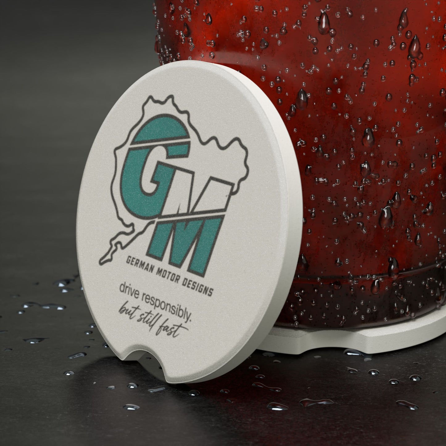 Soapstone Car Coaster — 'GM' German Motor Designs Logo, 'Drive Responsibly But Still Fast'