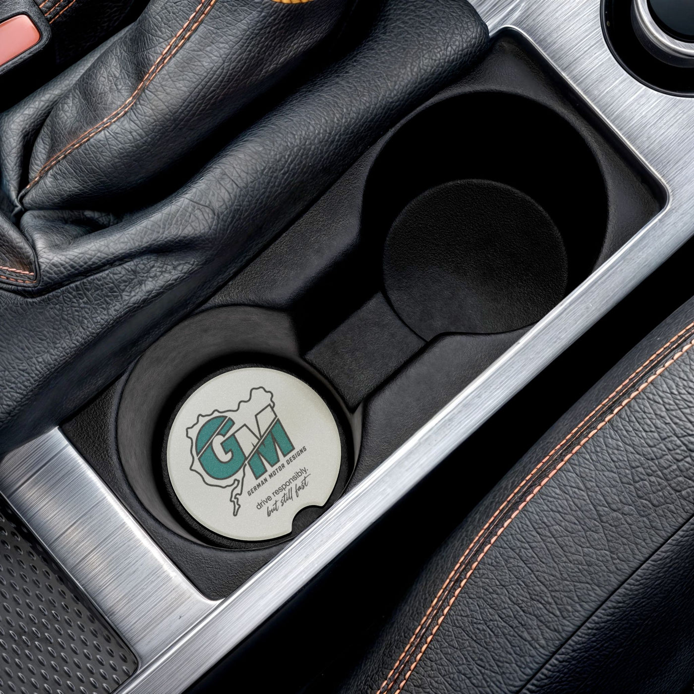 Soapstone Car Coaster — 'GM' German Motor Designs Logo, 'Drive Responsibly But Still Fast'