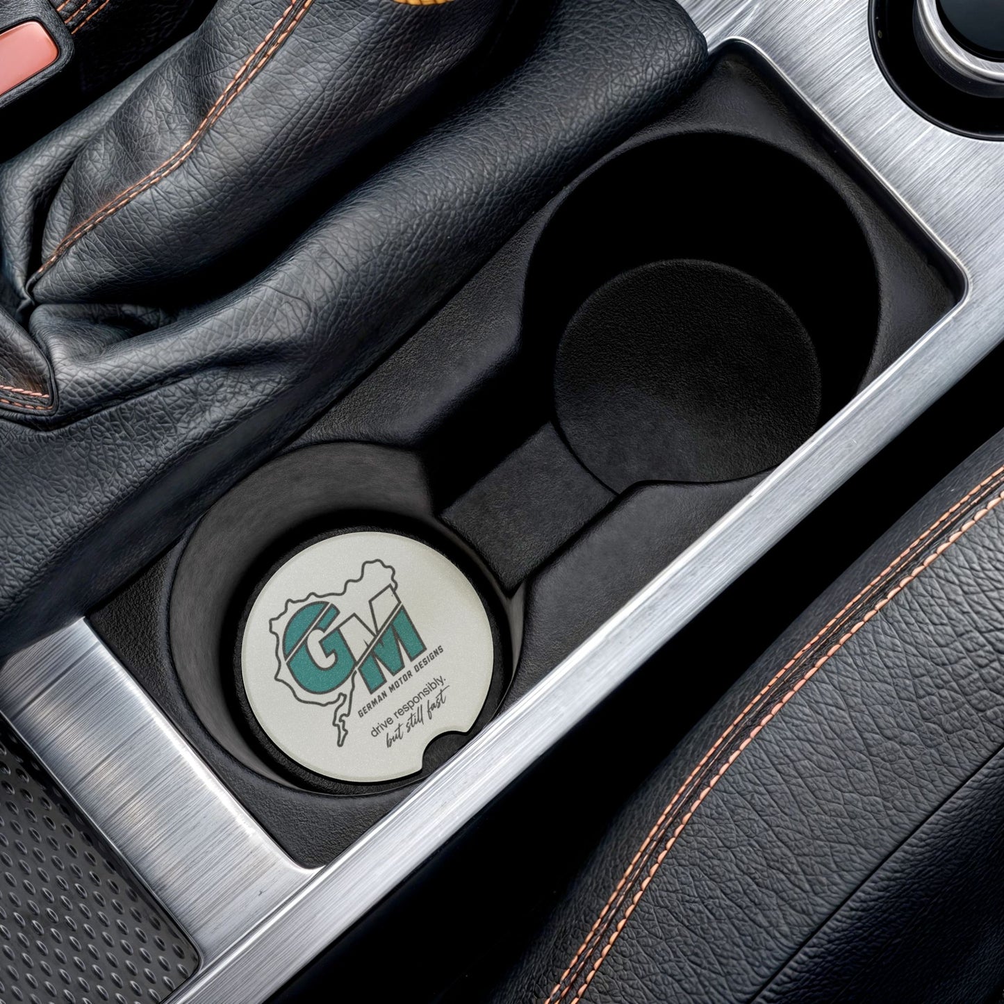 Soapstone Car Coaster — 'GM' German Motor Designs Logo, 'Drive Responsibly But Still Fast'