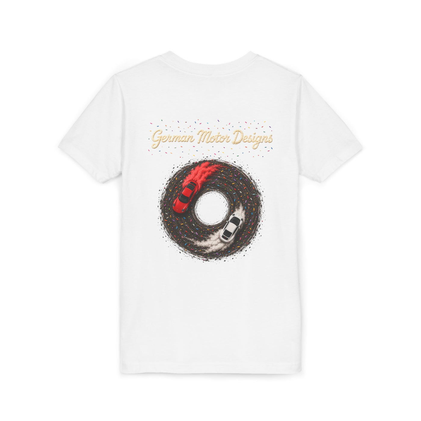 Kids Racing Donut Tee — Cars Doing Donuts with Frosting Logo