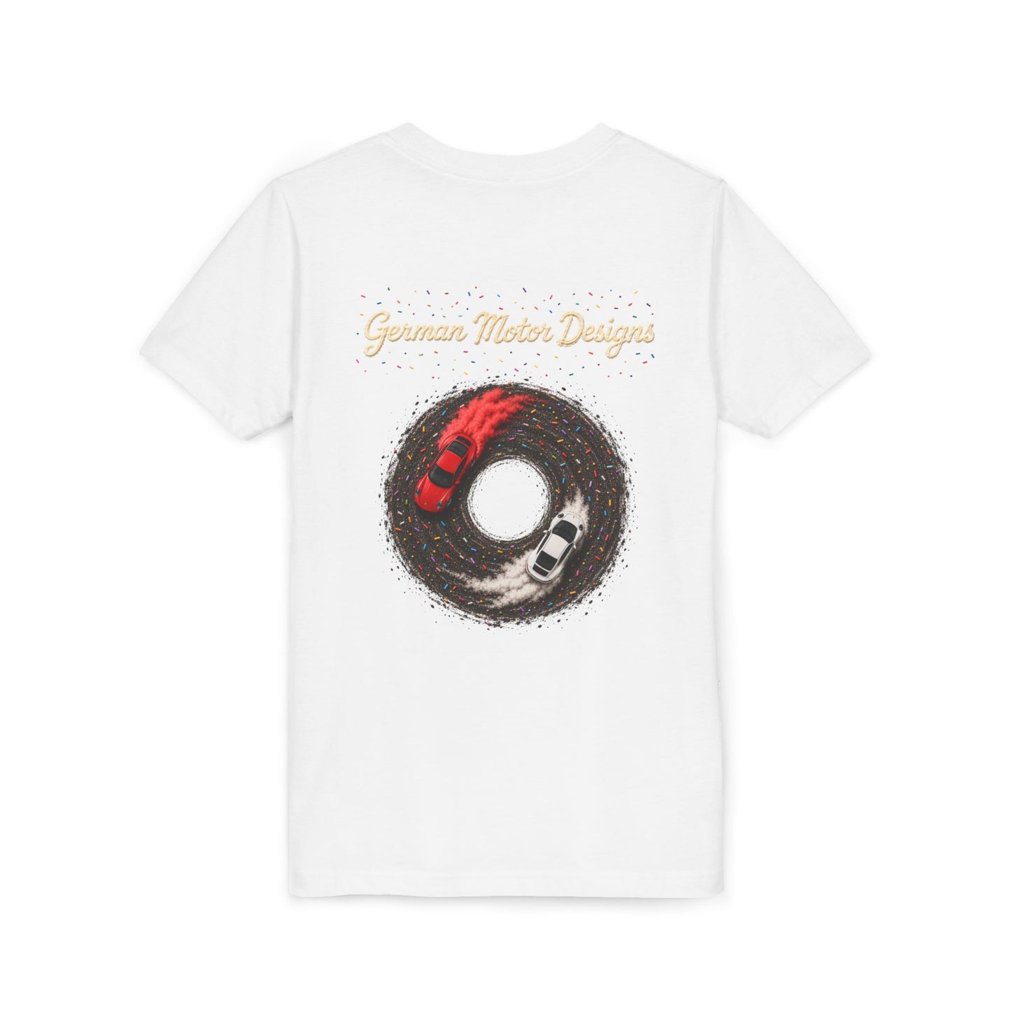Kids Racing Donut Tee — Cars Doing Donuts with Frosting Logo