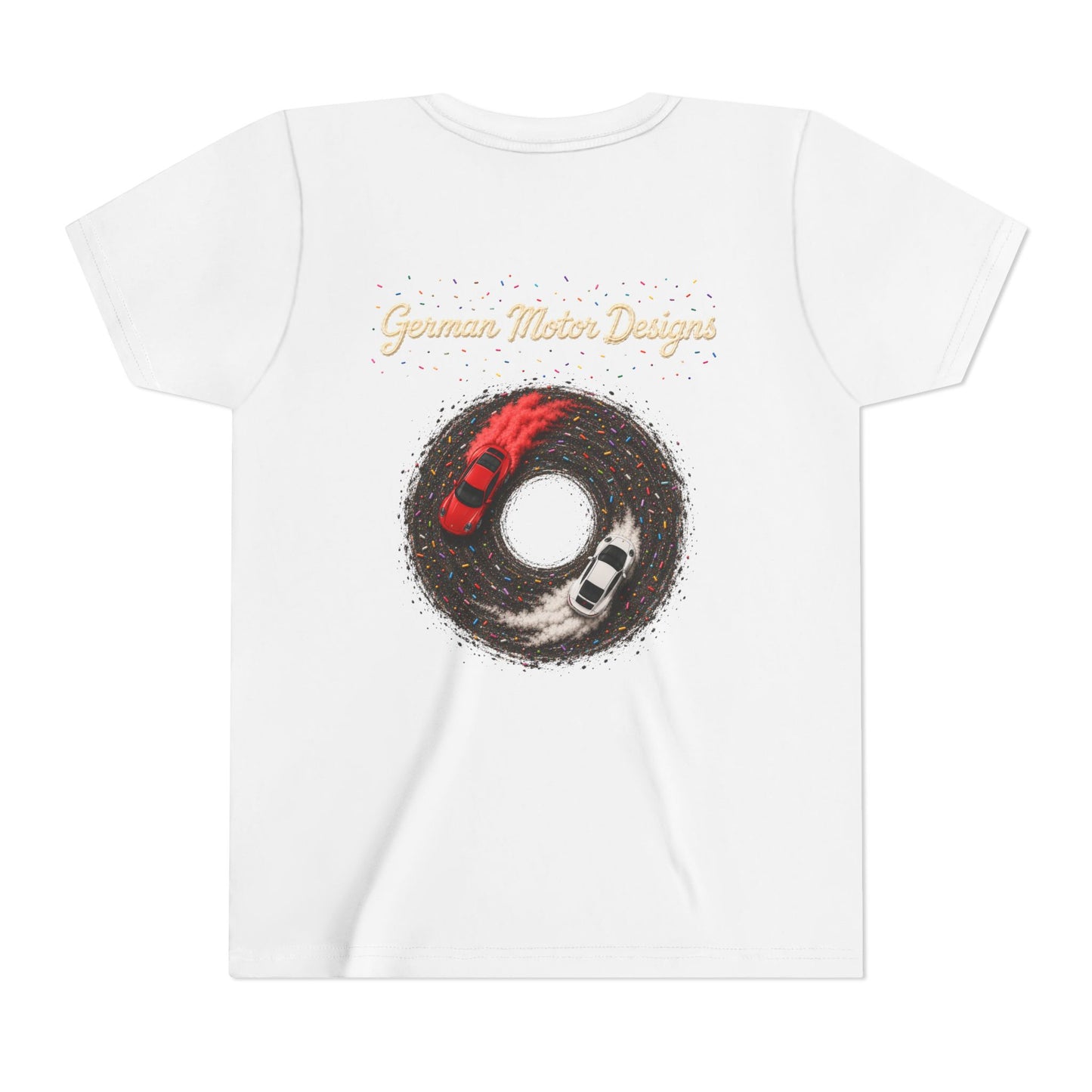 Kids Racing Donut Tee — Cars Doing Donuts with Frosting Logo