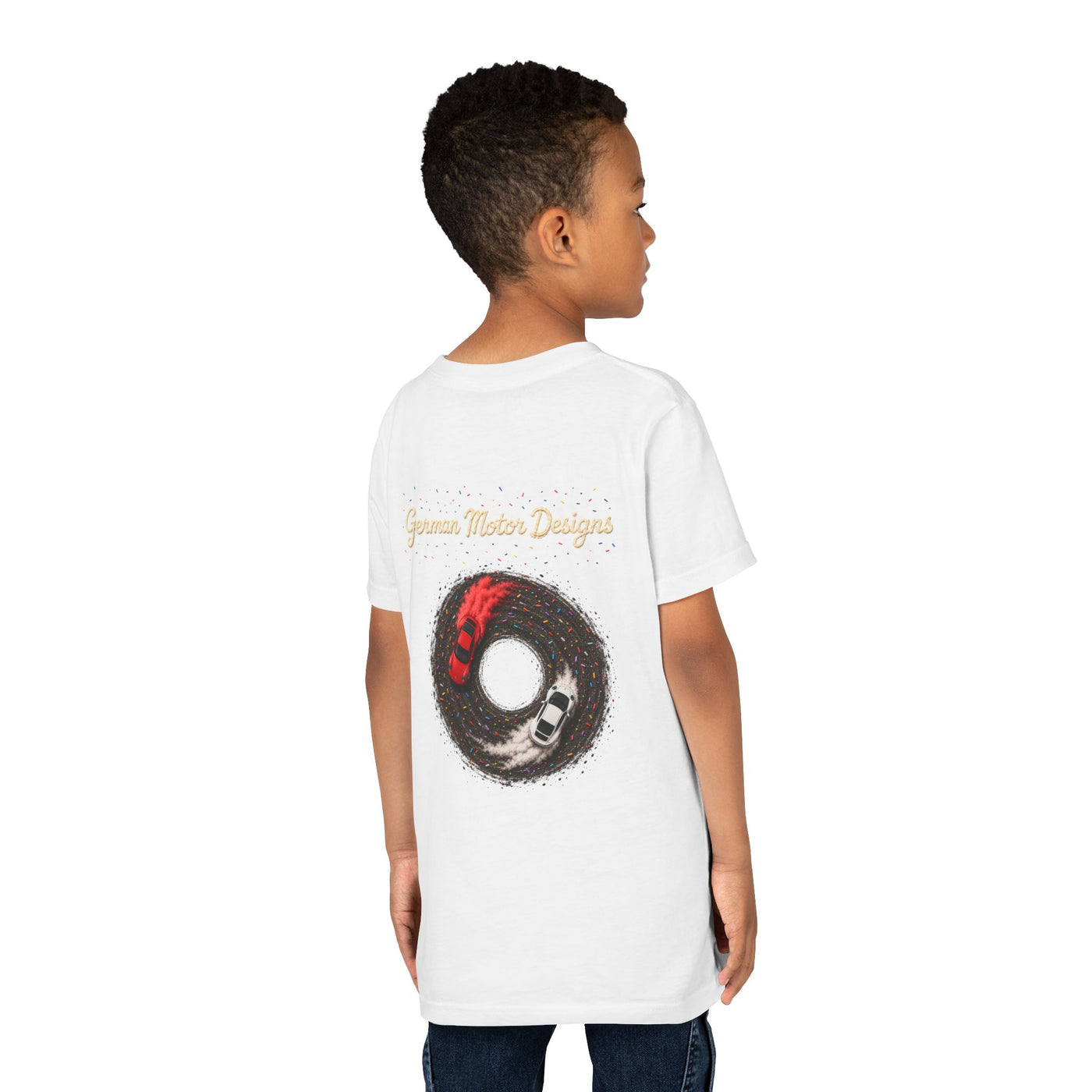 Kids Racing Donut Tee — Cars Doing Donuts with Frosting Logo