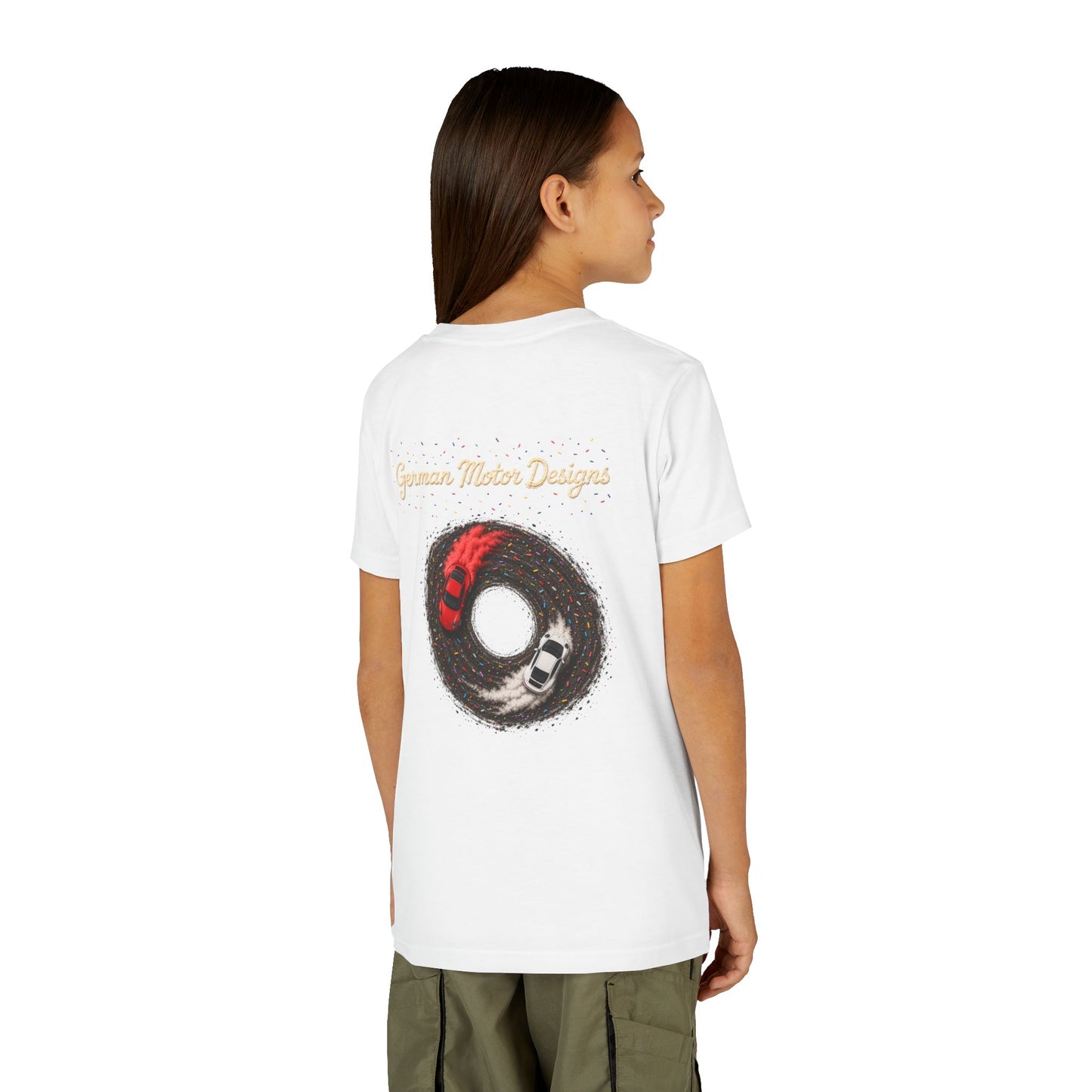 Kids Racing Donut Tee — Cars Doing Donuts with Frosting Logo