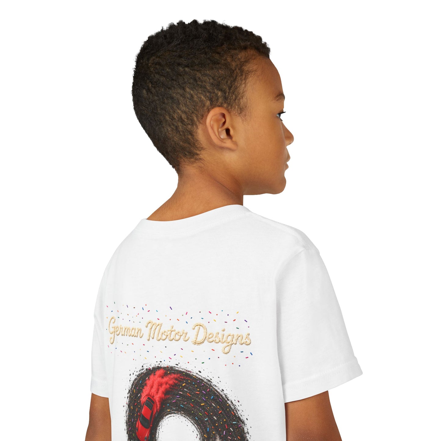 Kids Racing Donut Tee — Cars Doing Donuts with Frosting Logo